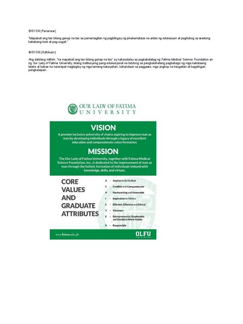 Vision Mission and Core Values of OLFU .